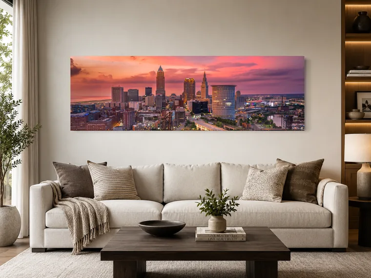 Panoramic canvas hung on a wall